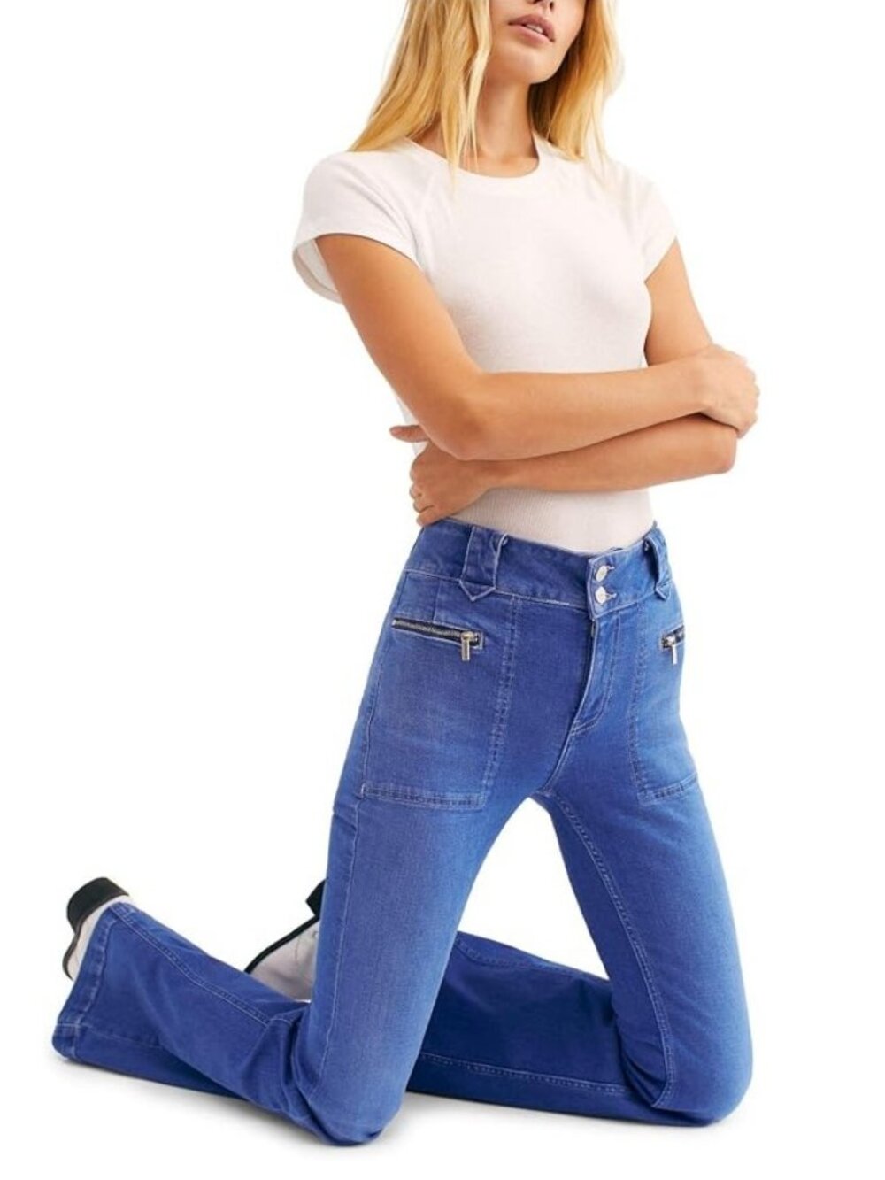 Free People Layla Boho High Rise Flare Leg Jeans Size 26 Electric Blue Denim - Picture 2 of 11